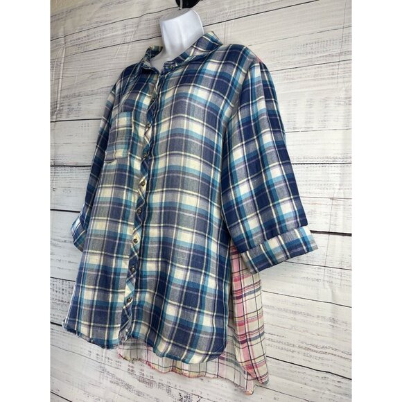 Soft Surroundings Medium Button Down Plaid & Embroidered Serena Boho Floral Top - Picture 4 of 15